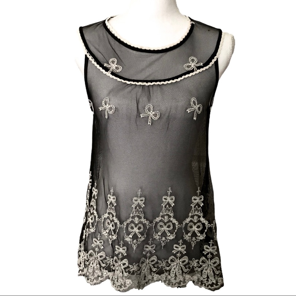 🆕 MONTEAU Black Mesh Cream Embroidered Top NWT - Picture 10 of 10